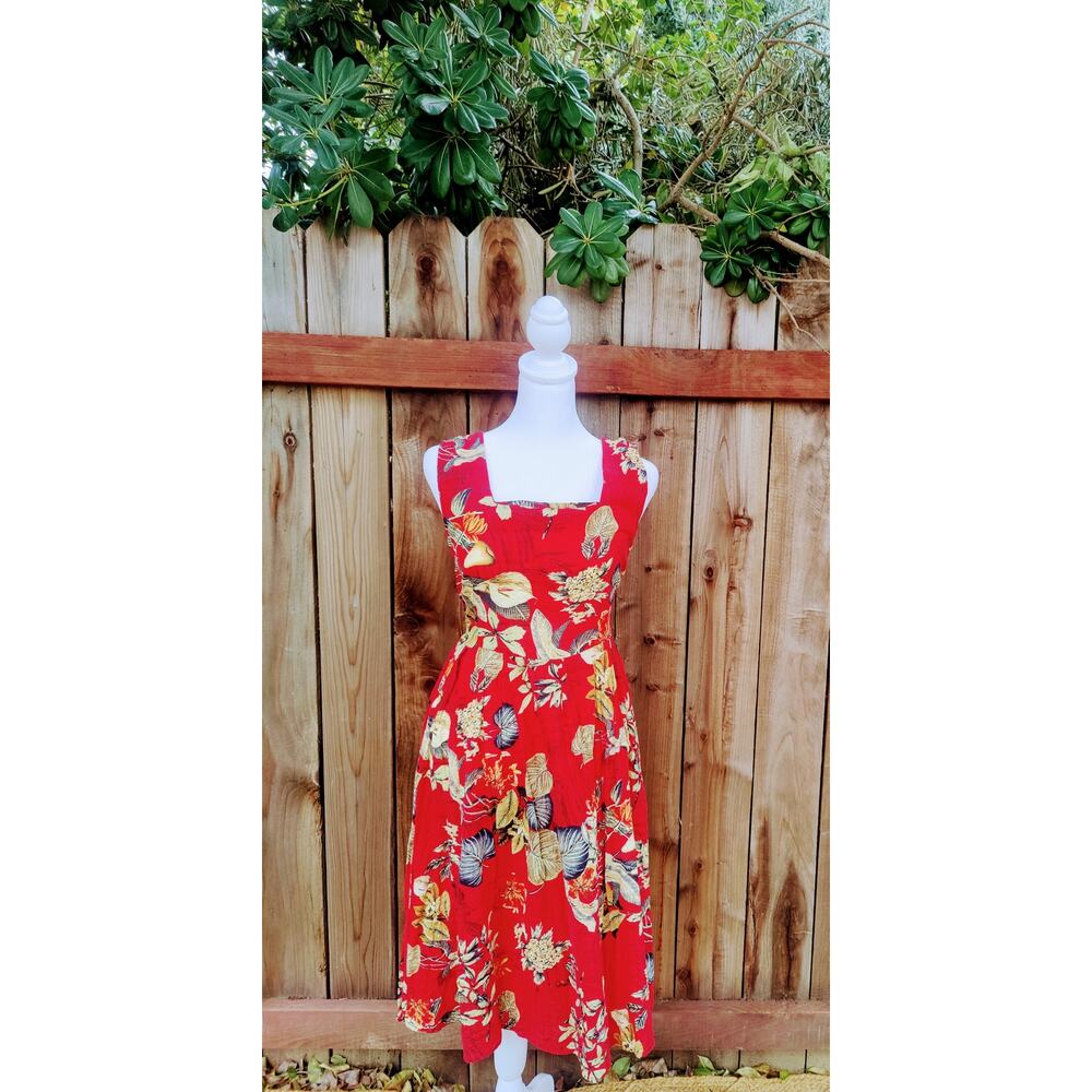SheShe Tropical Print Dress Red Botanical Fit & Flare Resort‎ Wear Vacation M